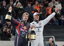 Sebastian Vettel and Michael Schumacher celebrate their victory for Team Germany in the Nations Cup