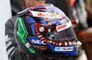 Kamui Kobayashi shows off his special helmet for the weekend, designed by Linkin Park's Chester Bennington 