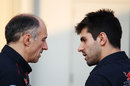 Franz Tost in discussion with Jaime Alguersuari in the paddock