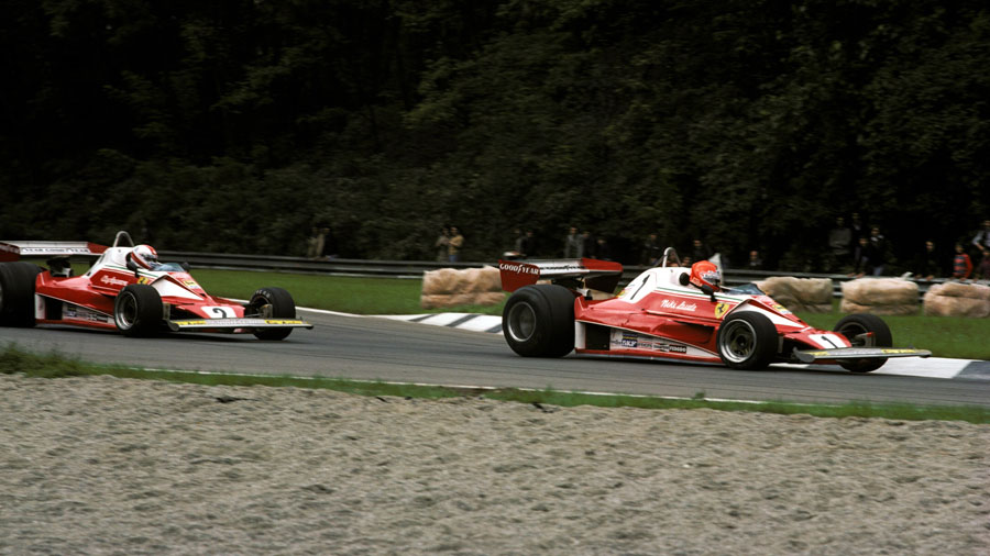 Niki Lauda leads Clay Regazzoni after making a heroic return to Formula One following his fiery near-fatal accident at the Nurburgring six weeks earlier