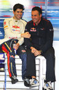 Jaime Alguersuari jokes with his fitness trainer Ranieri Gianotti in the Toro Rosso garage