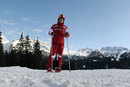 Fernando Alonso poses for a photo before heading down the slopes at Ferrari's annual media event Wrooom