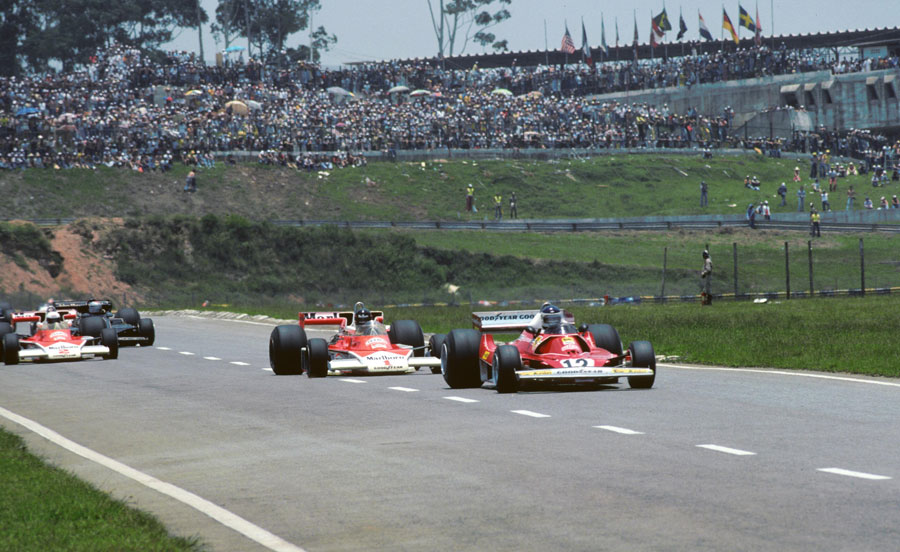 Carlos Reutemann leads James Hunt and Jochen Mass on the way to victory