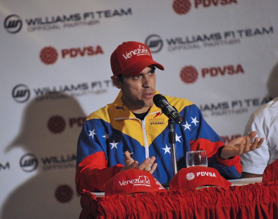 Pastor Maldonado speaks during a press conference in Caracas