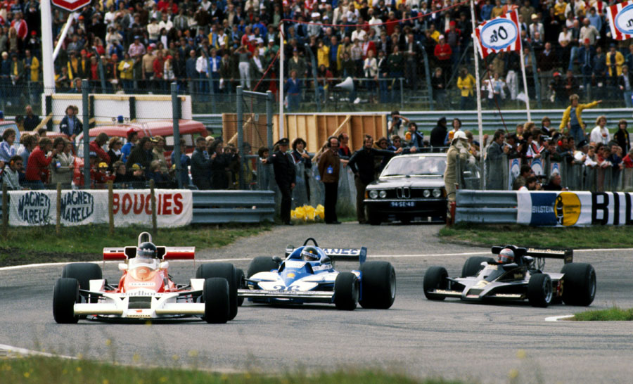 James Hunt leads Jacques Laffite and Mario Andretti early in the race