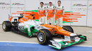 Paul di Resta, Nico Hulkenberg and Jules Bianchi pose with the new VJM05