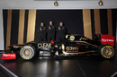 Jerome d'Ambrosio, Romain Grosjean and Kimi Raikkonen pose with the new Lotus E20