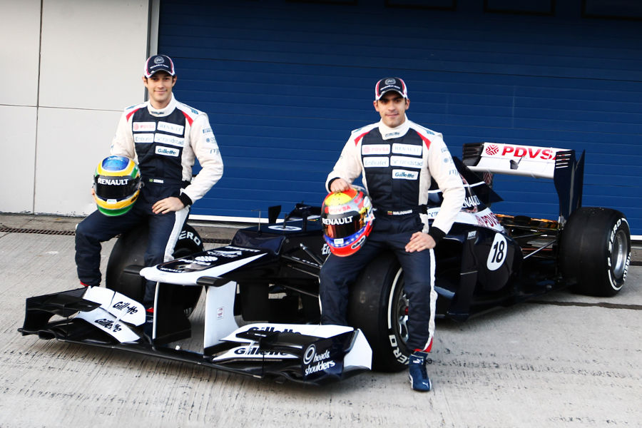 Bruno Senna and Pastor Maldonado pose with the new FW34