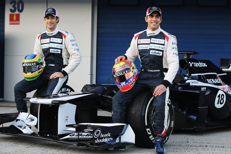 Bruno Senna and Pastor Maldonado pose with the new Williams FW34