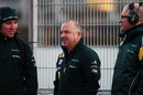 Mike Gascoyne and Caterham engineers in good spirits on Wednesday morning