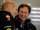 Christian Horner and Adrian Newey enjoy a joke in the Red Bull garage