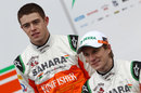 Paul di Resta and Nico Hulkenberg pose with the new VJM05