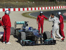Michael Schumacher's Mercedes in the gravel after he made a mistake at turn five