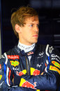 A concerned Sebastian Vettel in the Red Bull garage