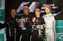 Christian Horner, Mark Webber and Sebastian Vettel celebrate Red Bull's first ever 1-2 on the podium with Jenson Button