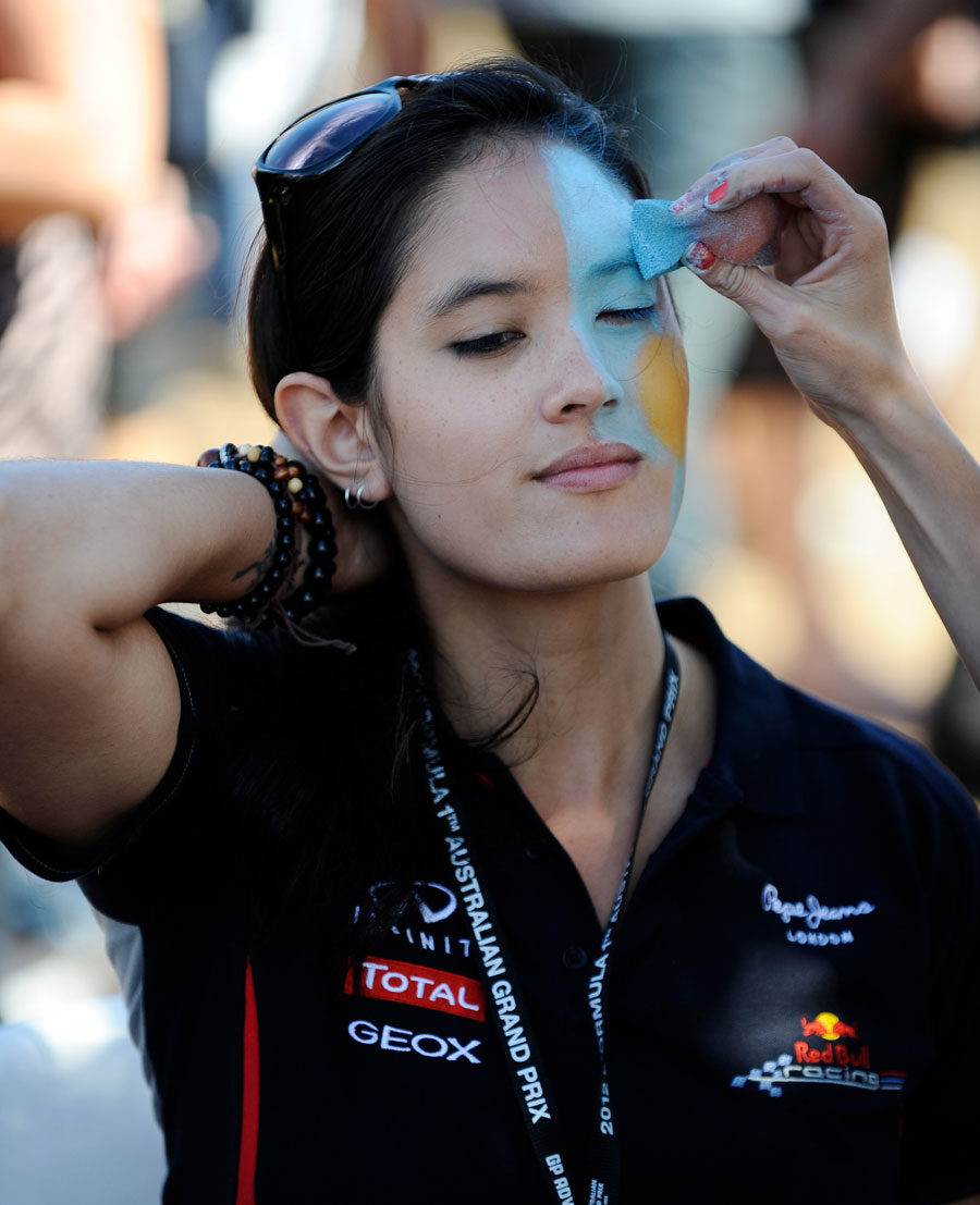 A Red Bull fan prepares for race day