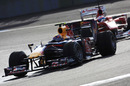 Mark Webber leads Fernando Alonso on track