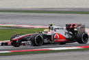 Lewis Hamilton on track on the medium tyres