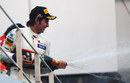 Sergio Perez celebrates his second-place finish