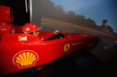 Fernando Alonso drives a Ferrari simulator during a press commtiment at Shell