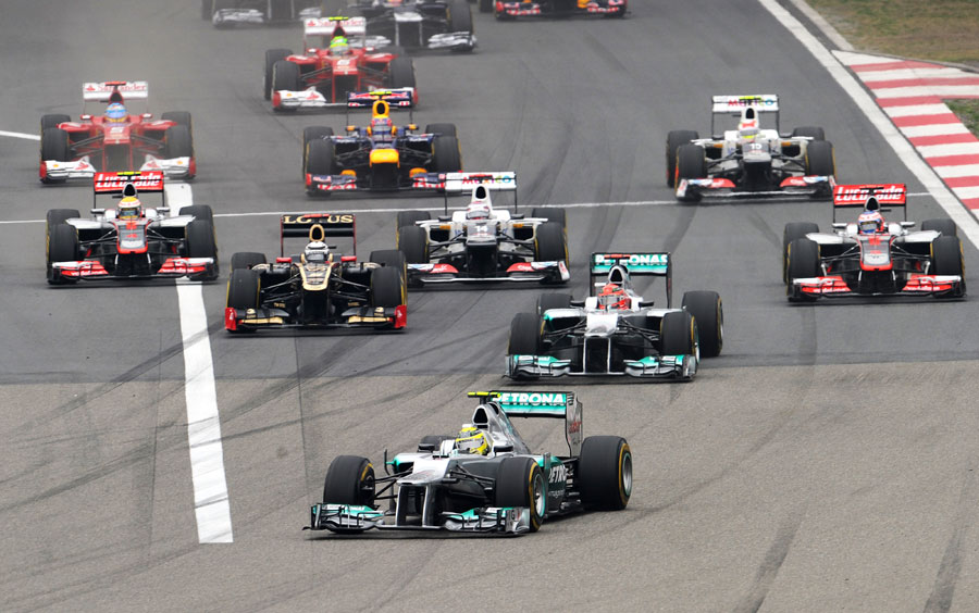 Nico Rosberg leads the pack into the first corner