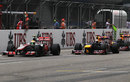 Lewis Hamilton finds a way past Sebastian Vettel as Mark Webber closes on his Red Bull team-mate