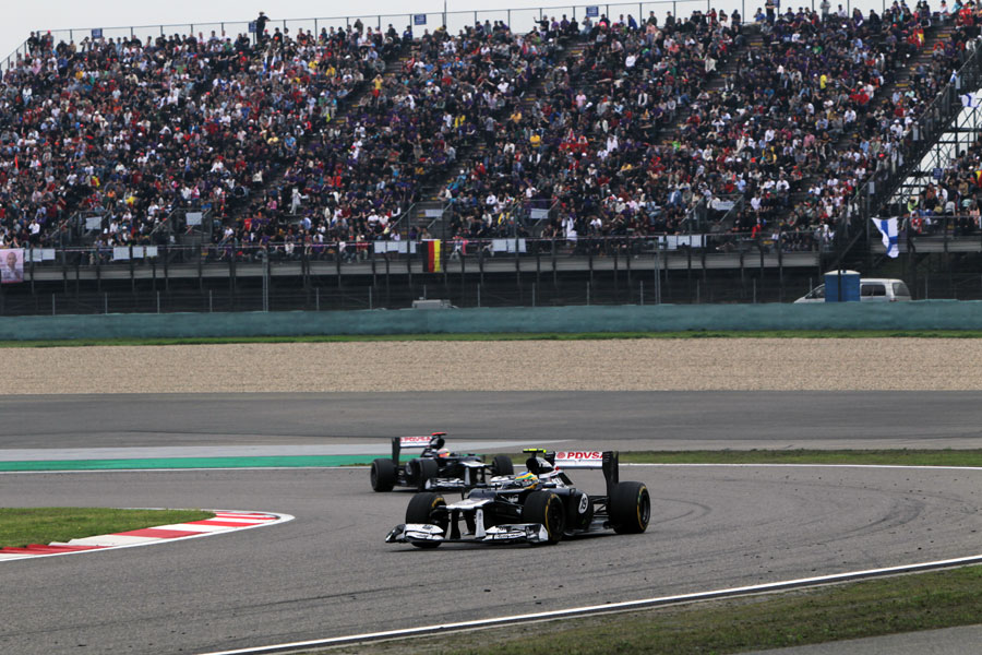 Bruno Senna leads his Williams team-mate Pastor Maldonado