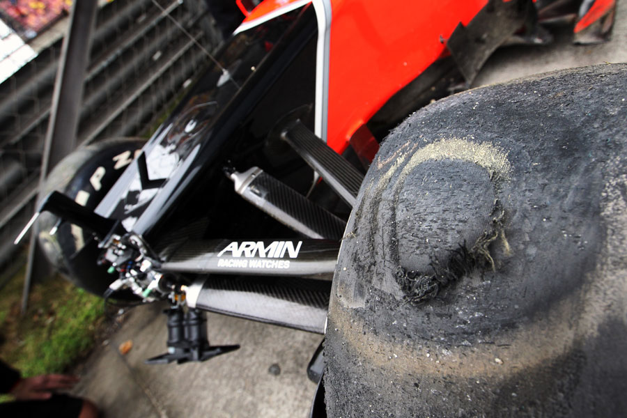 Ruined Pirelli tyres on Timo Glock's Marussia after his accident in FP2