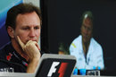 Christian Horner looks concerned during the FIA press conference