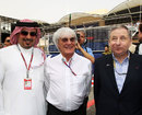 Crown Prince Shaikh Salman bin Isa Hamad Al Khalifa, Bernie Ecclestone and Jean Todt pose for a photo on the grid