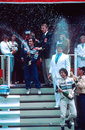 Nelson Piquet, Alain Prost and Keke Rosberg celebrate on the podium