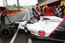 Kamui Kobayashi returns to the garage on intermediate tyres