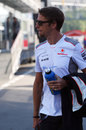 Jenson Button arrives at the Circuit de Catalunya