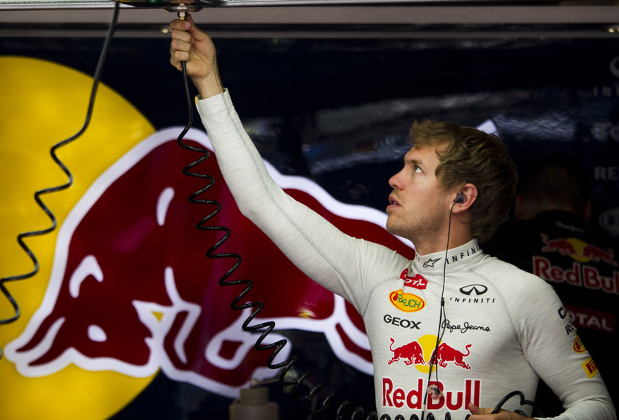 Sebastian Vettel in the Red Bull garage