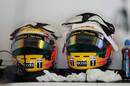 Lewis Hamilton's race helmets in the garage