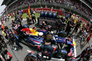 Sebastian Vettel prepares to climb into his car as his pit crew make last-minute adjustments