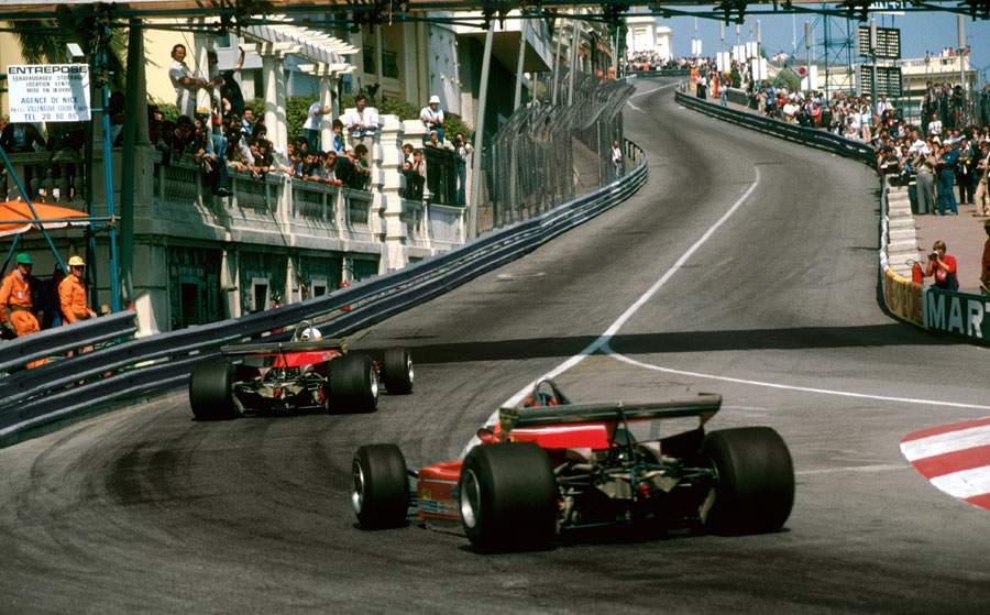 Jody Scheckter leads Gilles Villeneuve up the hill out of Ste Devote