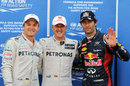 Michael Schumacher alongside Mark Webber and Nico Rosberg after setting the fastest time of qualifying