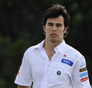 Sergio Perez arrives at the circuit on Friday morning