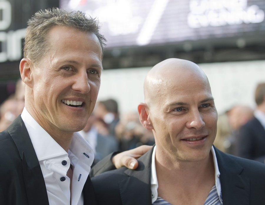 Old rivals Michael Schumacher and Jacques Villeneuve at  the opening gala ahead of the Canadian Grand Prix