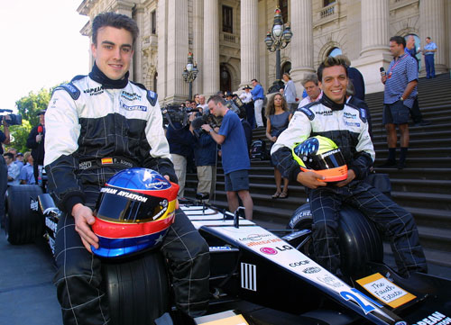 Fernando Alonso and Tarso Marques at the launch of the Minardi PS01