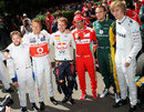 Nick Heidfeld, Jenson Button,Sebastian Vettel, Marc Gene, Giedo Van der Garde and Brendon Hartley pose at the Festival of Speed