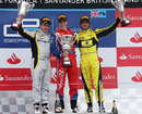 Luiz Razia celebrates victory in the GP2 sprint race ahead of Davide Valsecchi and Felipe Nasr
