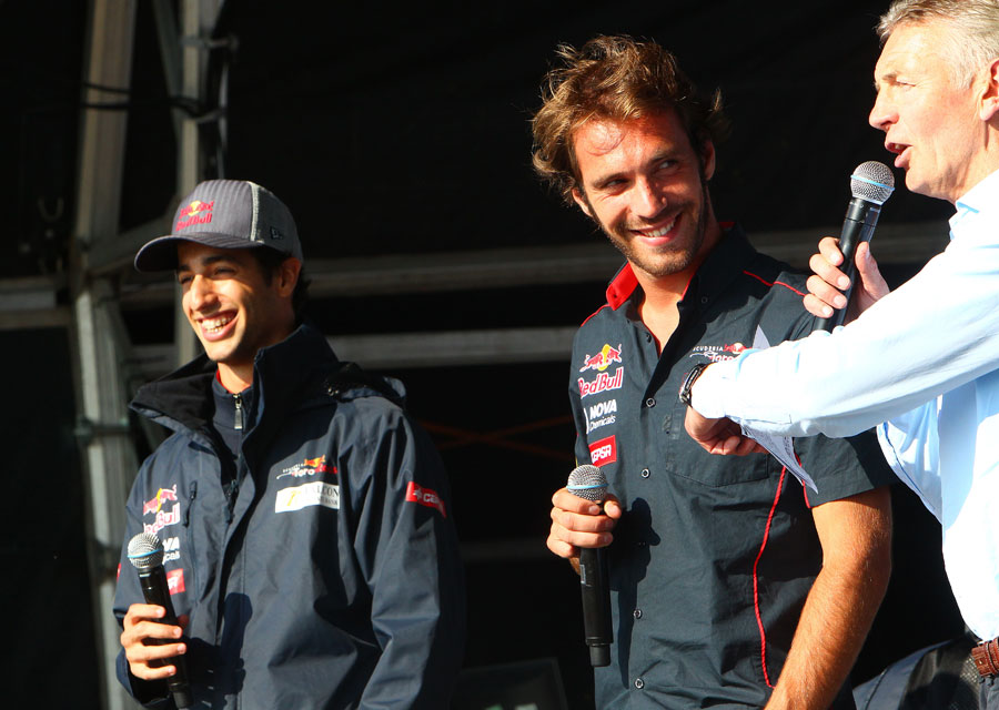 Daniel Ricciardo and Jean-Eric Vergne on stage after the race