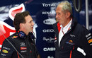 Christian Horner talks to Helmut Marko in the Red Bull garage