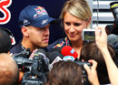 Sebastian Vettel talks to the press in the paddock