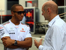 Lewis Hamilton chats to Adrian Newey in the paddock on Thursday