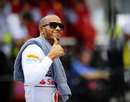 Lewis Hamilton acknowledges his fans after setting the fastest time of FP2
