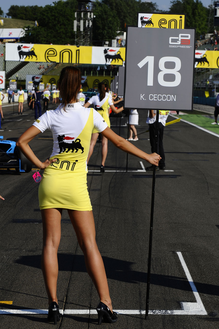 A grid girl ahead of the start of the GP3 race