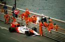Ayrton Senna's McLaren against the barriers at Portier